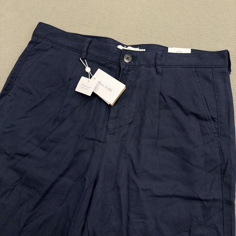 Porter & Ash Textured Linen Blend Pants Mens 32 Navy Blue Straight Fit Chino NWT